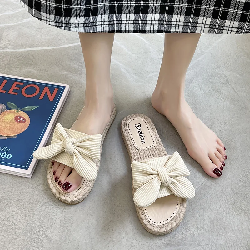 

Slippers Women Summer Female Shoes Butterfly-Knot Slides Fashion Low 2021 Beach Flat Luxury Cotton Fabric Basic Butterfly-knot