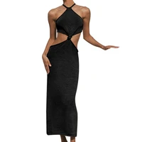 sexy halter slim dress lady banquet party solid color long dress knitting backless hollow knotted bellyband low waist dress