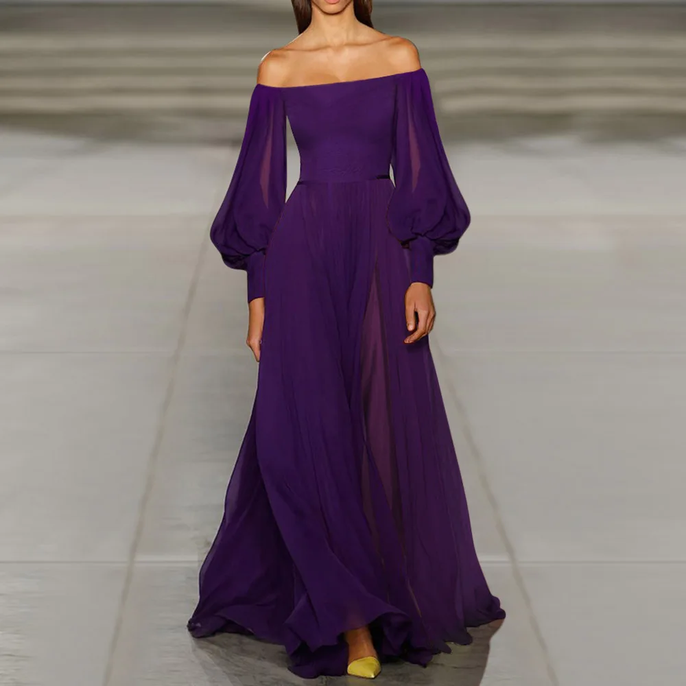 Женское вечернее платье макси с открытыми плечами фиолетовое ТРАПЕЦИЕВИДНОЕ