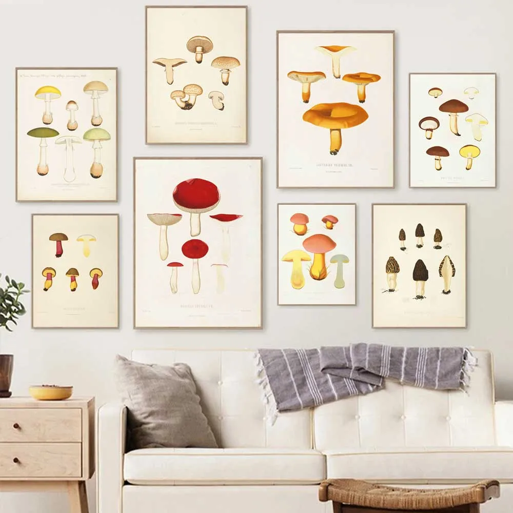 

Retro art plant canvas painting various mushroom posters kitchen wall painting living room corridor home decoration murals