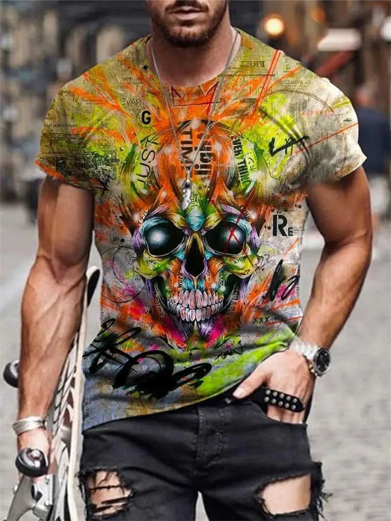 

2021 Men's Hot Sale T-shirt Men's Summer Casual Short Sleeve Shirt Men's Clothing Street Clothing Skull Pattern Graphic T-shirt