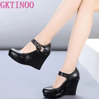 gktinoo 2021 spring autumn genuine leather womens fashion high heels pumps wedges black color female platform shoes large size