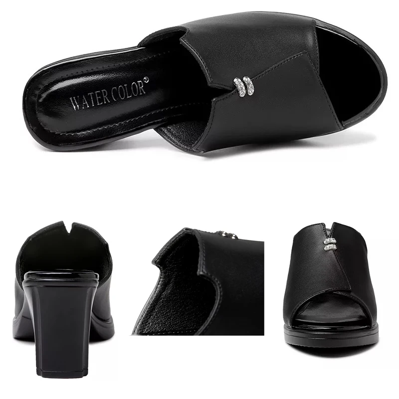 

Black PU Leather Sewing Square Heel Slippers Sexy Fish Mouth Open Toe Female Sandals Designer Thick Heel Outdoor Work Shoes