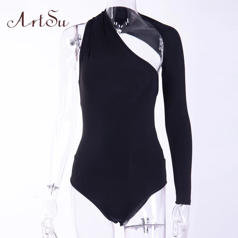 

Artsu Solid One Shoulder Sexy Bodysuits Women Scoop Back Skinny Tight Playsuits One Sleeve Top Blouse Casual Tops ASJU70156