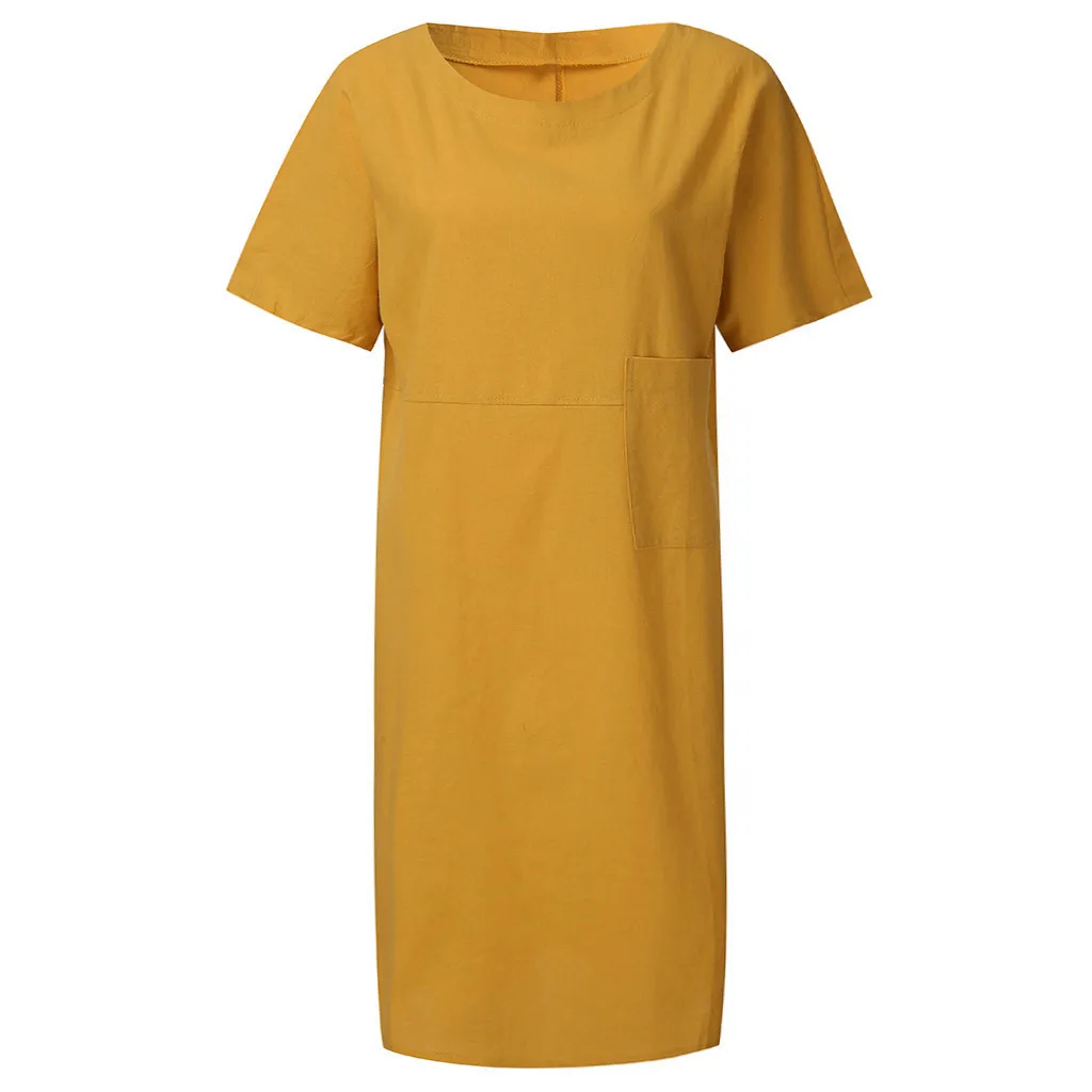

Short Sleeve Linen Loose A-line Sundress Pocket Dress Womens Summer Cotton And Linen Pocket Dress Robe Sukienka 2021 #srn