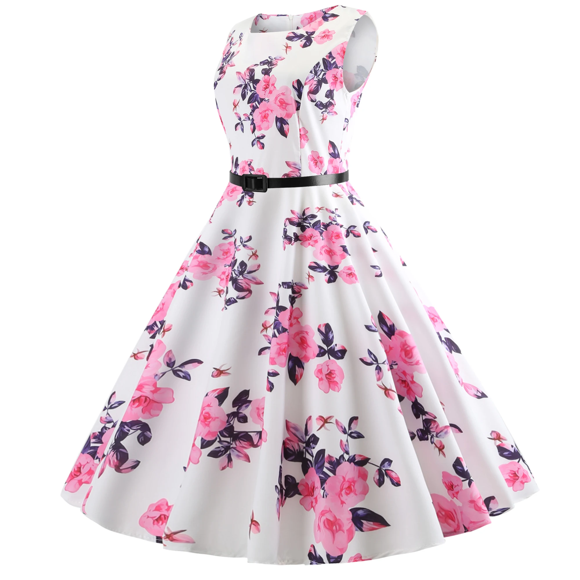 Женское винтажное платье миди с пышной юбкой синее цветочным принтом туника