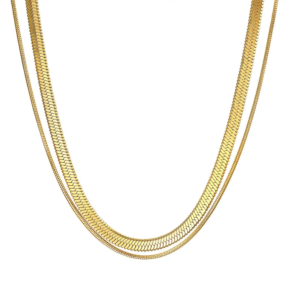 

Punk Flat Snake and Snake Bone Chain Necklace Gold Color Stainless Steel Double Layer Neck Choker Necklace For Men Women Jewelry