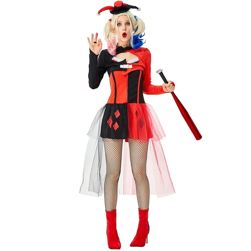Взрослый Цирк Клоун Харли Куинн нарядное платье Хэллоуин Косплей Карнавальный