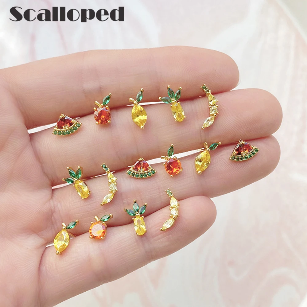 

SCALLOPED Cute Pavé Crystal Fruit Stud Earring For Women Girl High Quality Zircon Fashion Hot Jewelry Accessories