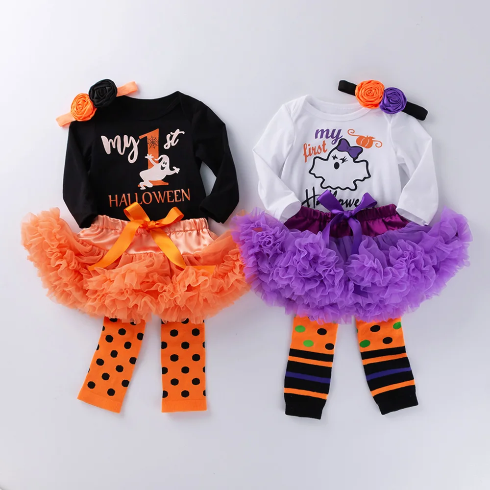 

Halloween 4 Piece Set New Born Baby Girls Romper Infant Outfits Girls Suit skirtPrincess Toddler Kids Clothes Halloween Gifts