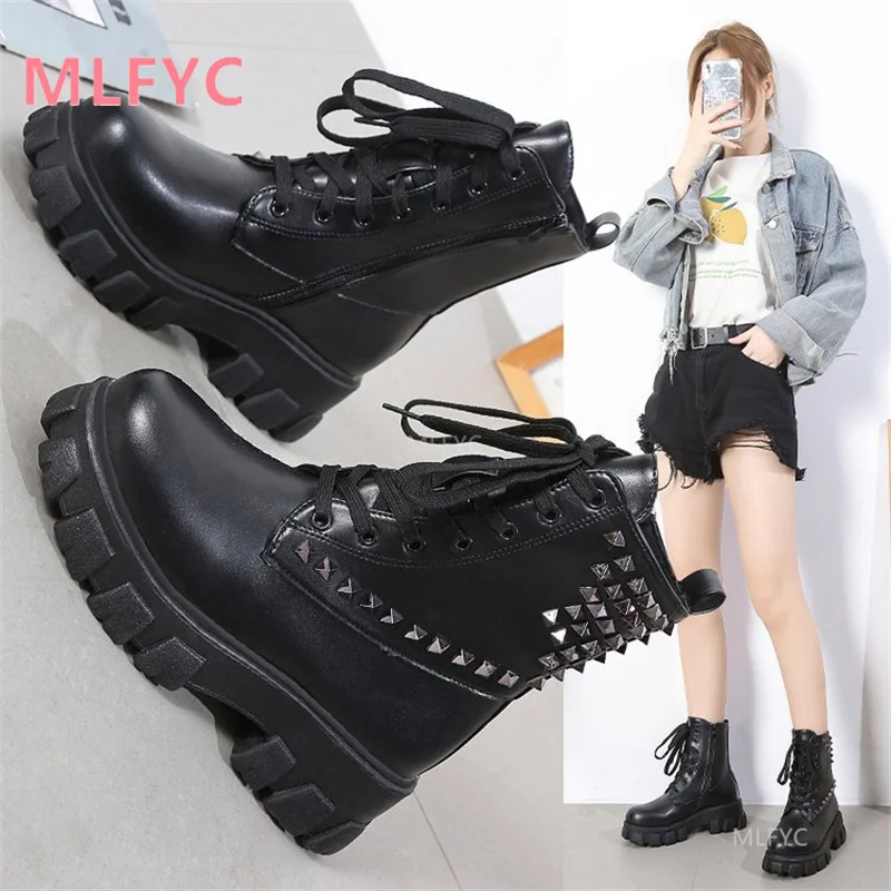 

Thick-soled Martin boots women's autumn and winter new mid-heel low-tube lace-up large size side zipper women's short boots