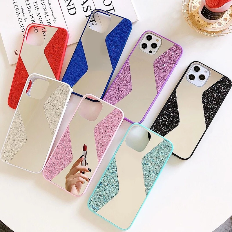 

1pcs Makeup Mirror Case For iPhone 12 11 Pro MAX 12 mini Silicone Luxury Glitter Cover For iphone 6 7 8 Plus XR X XS Max S220