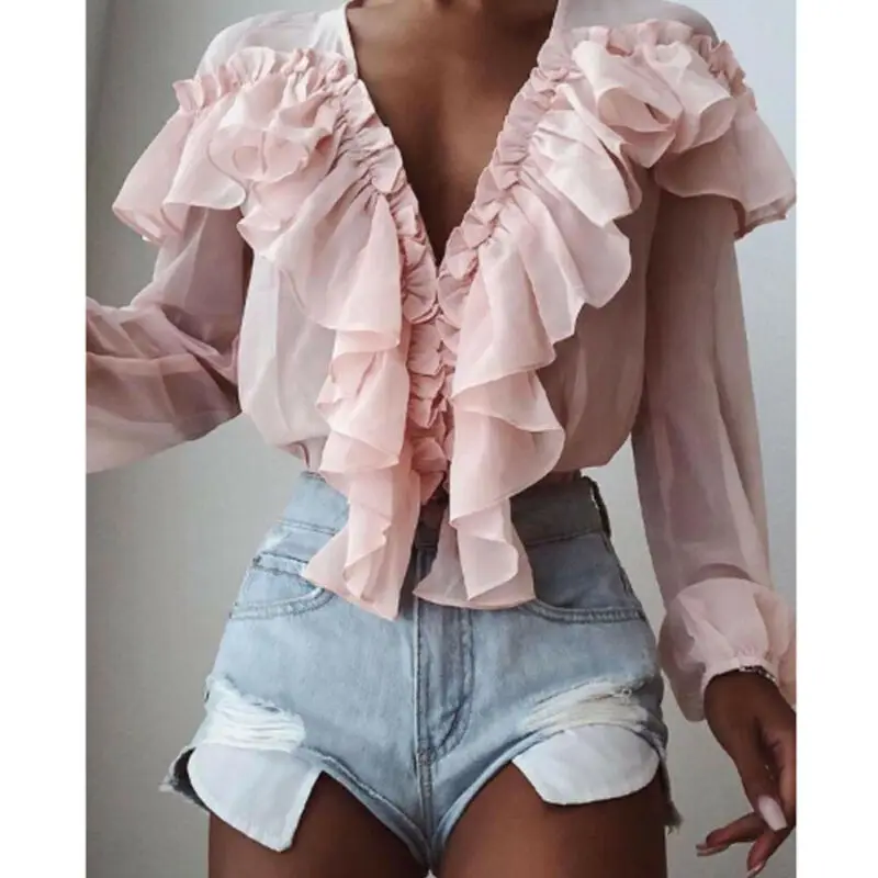 

Goocheer Women Chiffon Solid Color V-Neck Ruffle Trim Blouse Casual Long Sleeve Loose Top Fashion Pink Women T-shirt