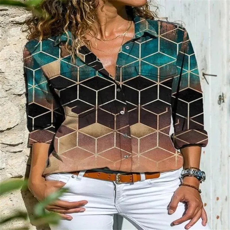 

Spring Turn-Down Collar Geometric Long Sleeve Casual Shirts Summer Abstract Single-breasted Loose Women Blouses