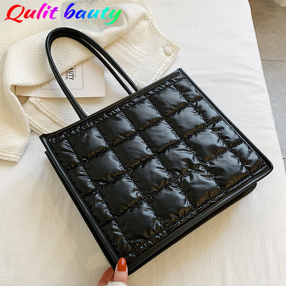 

Large Capacity Nylon Women's Padded Shoulder Bag Luxury Designer Down Fabric Ladies Handbag New Winter Plaid Female Tote Bag Sac