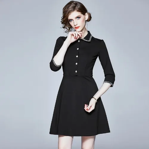 

Euramerican Vintage Runway Black Hepburn A-Line Dress Women's Half Sleeve Button Shirt Dress Female Turn Down Collar Dresses