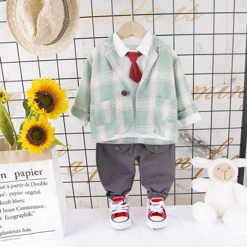 

2020 New Spring Children Kids Tie Plaid Formal Cotton Gentleman Casual Boys Coat T-Shirt Pants 3pcs/sets Infant Suit Clothes Set