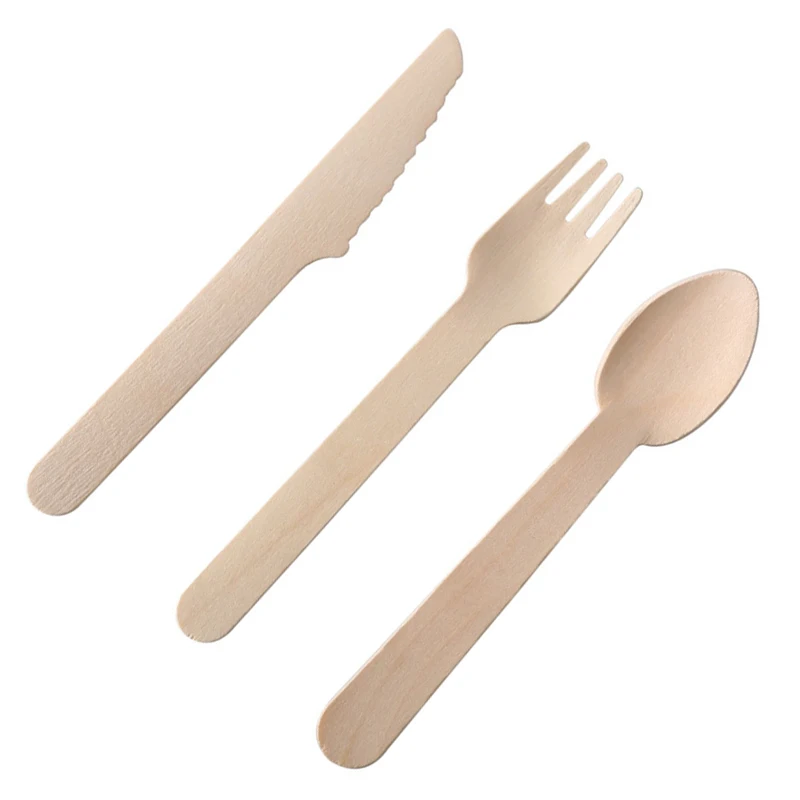 

300Pcs/Pack Wooden Cutlery Biodegradable Flatware Disposable Knives Forks Spoons Bamboo Dinnerware Set Kitchen Tableware