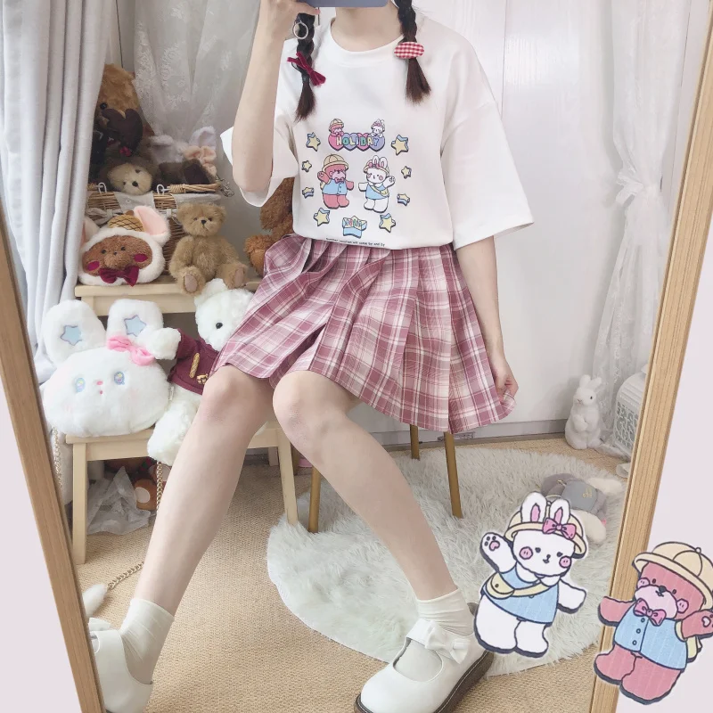 

Summer new Cute Rabbit Bear Print T-shirt Japanese Soft sister Round neck Sweet Short sleeve Small Fresh Casual pullover Tops