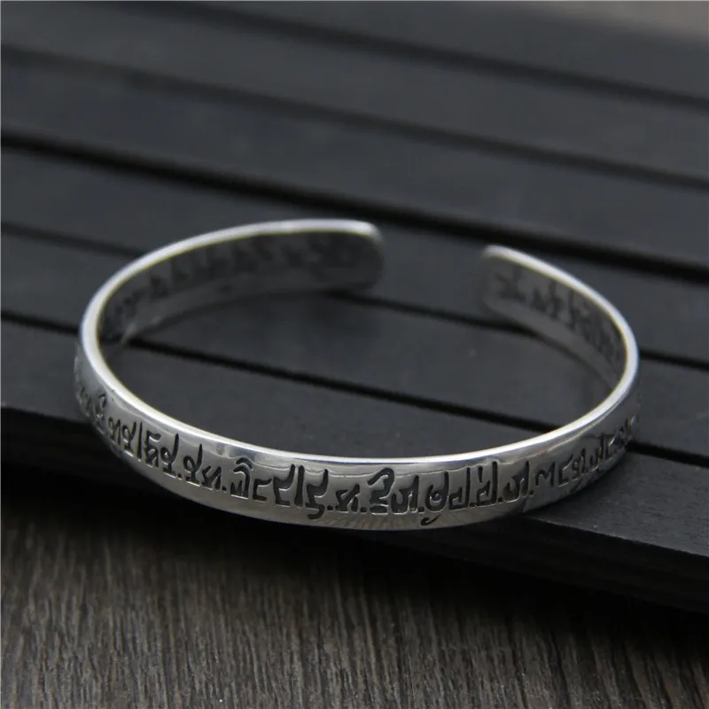 925 Sterling Silver Sanskrit Six-character Word Open Bracelet Fashion Buddhist Text Bracelet Classic Retro Men and Women Models