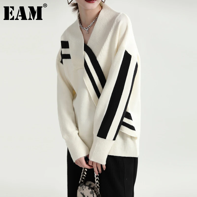 

[EAM] Striped Big Size Knitting Sweater Loose Fit V-Neck Long Sleeve Women Pullovers New Fashion Tide Autumn Winter 2022 1DE4608