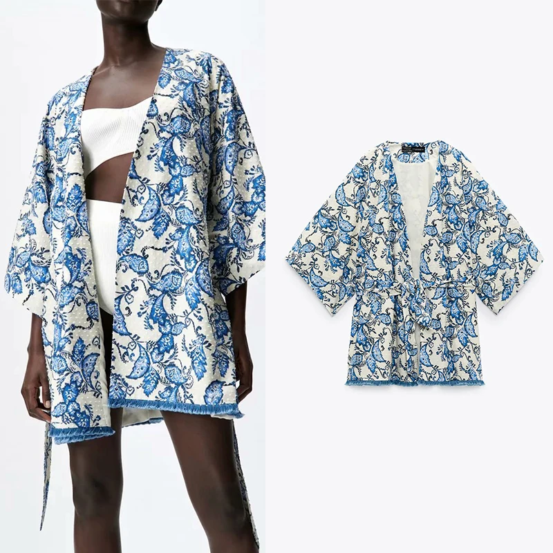 

ZA Kimono Cardigan Womens Tops And Blouses Belt 2021 Spring Autumn Print Streetwear Female Flared Sleeves Long Shirt Clothes