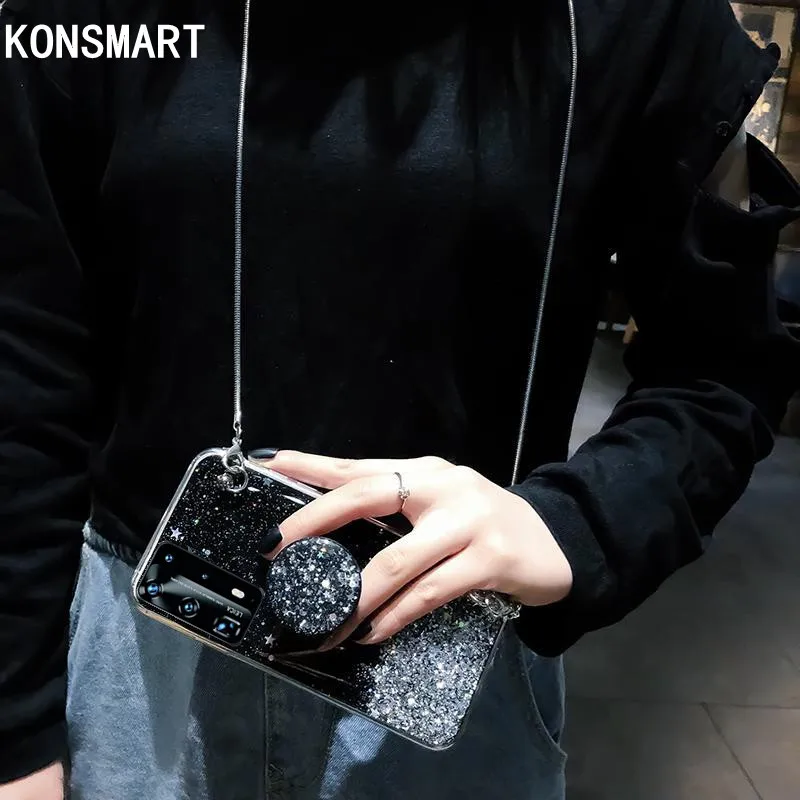

KONSMART P40 Pro Case Glitter Star Clear Phone Cases For Huawei P40 Cover Silicon Soft TPU Stand Back Cover P 40 Pro With Strap