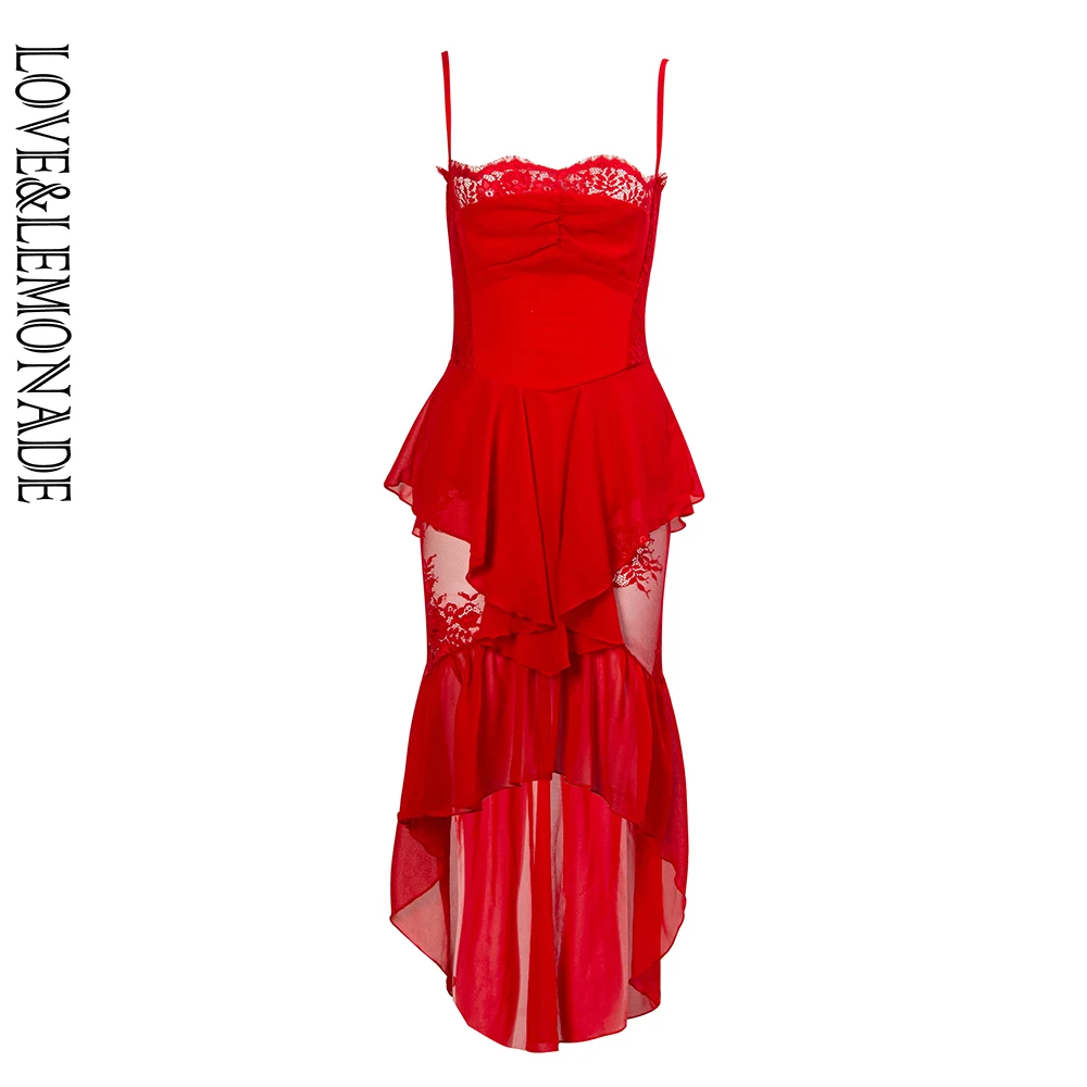 LOVE& LEMONADE сексуальное красное шифоновое и кружевное сшитое гофрированное тонкое мини-платье LM81937