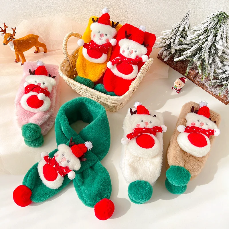

2021 Winter Christmas Children Cute Christmas Snowman Soft Fake Fur Scarf Boys Girls Lovely Holiday Gift Outdoor Warm Scarf Kids