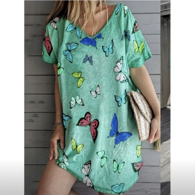 

2020 Women's Summer Casual Dress Loose Short-sleeved V-neck Butterflies Printed Dress Medium A-line Party Colorful Dress