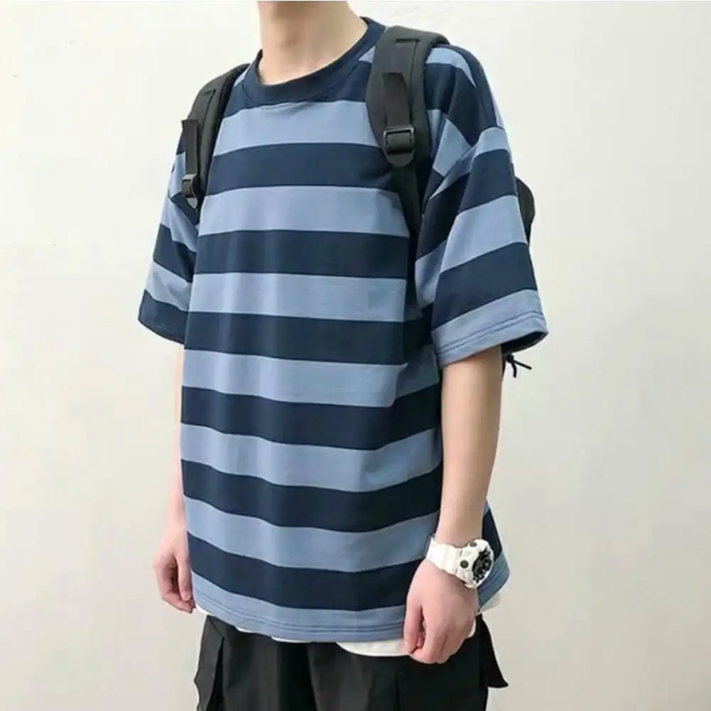 Yiwa Лето круглый мужской воротник футболки Полосатый Узор Половина рукава