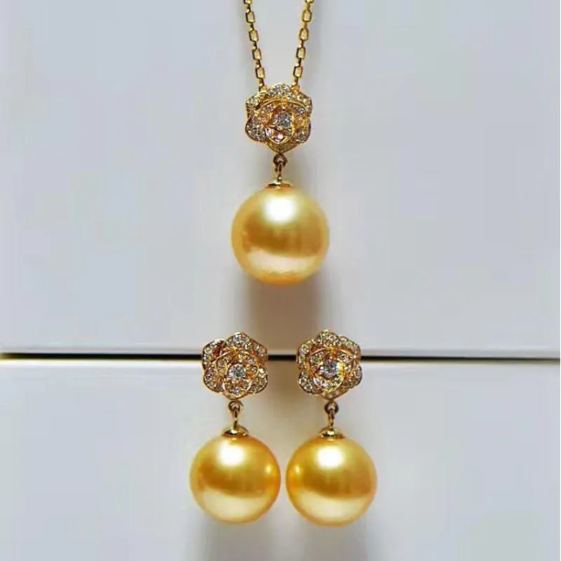 preço Encantador Conjunto De 10.5-11mm Mar Do Sul Ouro Pérola Brinco & Pingente 14k