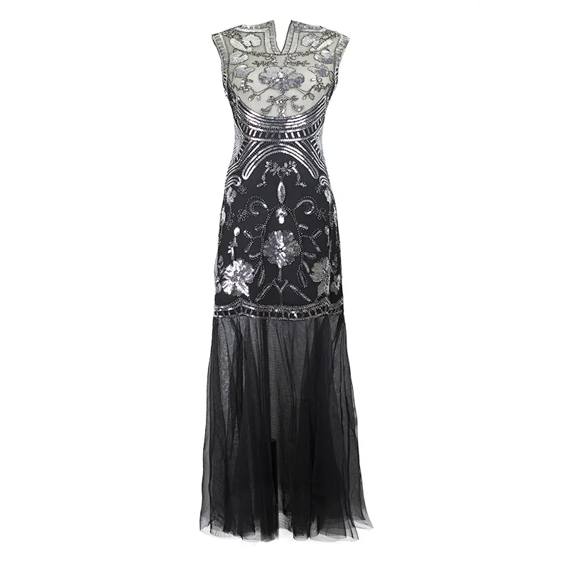 Женское платье золотого и серебряного цвета с круглым вырезом без рукавов 1920s