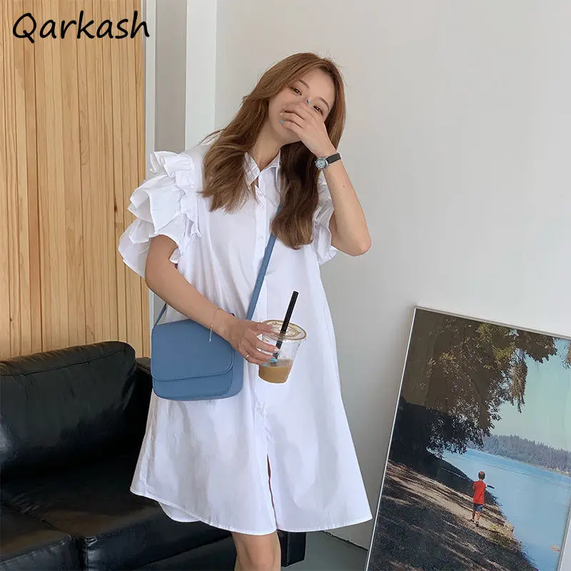 

Dress Women White Stylish Summer Leisure A-LINE Single Breasted Daily Solid Harajuku Clothes Simple Design Streetwear All-match