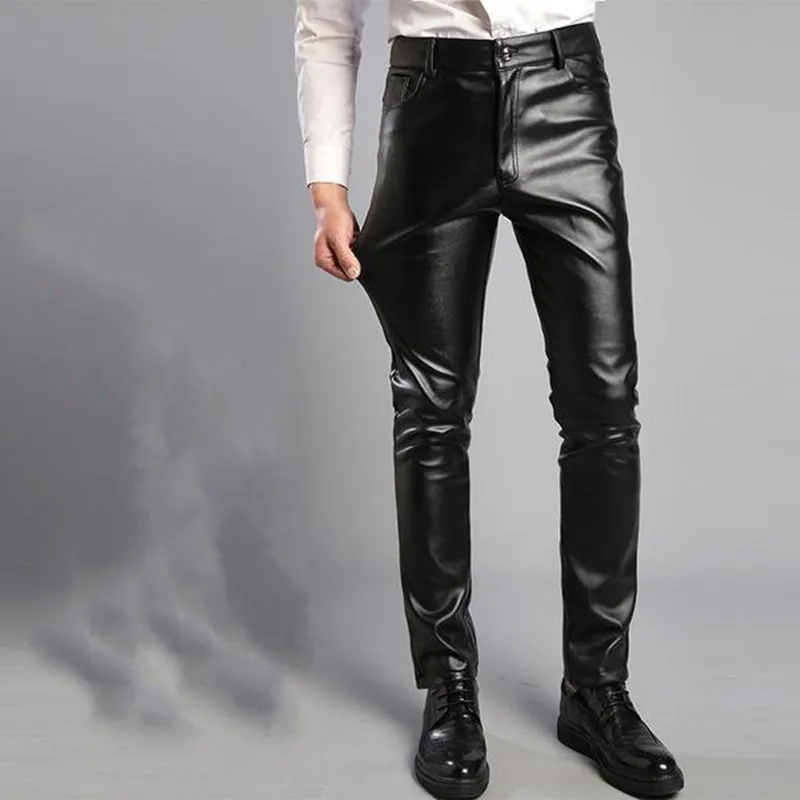 Spring Fashion Men's Fashion Rock Style PU Leather Pants Men's Faux Leather Slim-fit Motorcycle Trousers