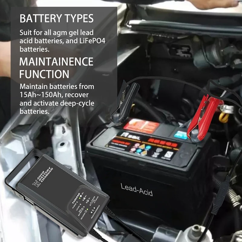 

12V3.8ALead-Acid GEL AGM Lithium Iron Battery Motorcycle Car 9-Stage Charger Repair Battery Maintenance US Plug
