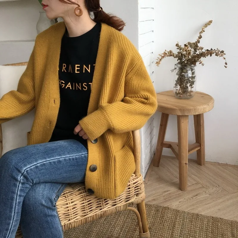 

Knitted Sweater Cardigan 2021 Autumn Winter Women Sweater Korean Style Ladies Outerwear Loose Soild Color Pockets Sweater Coats