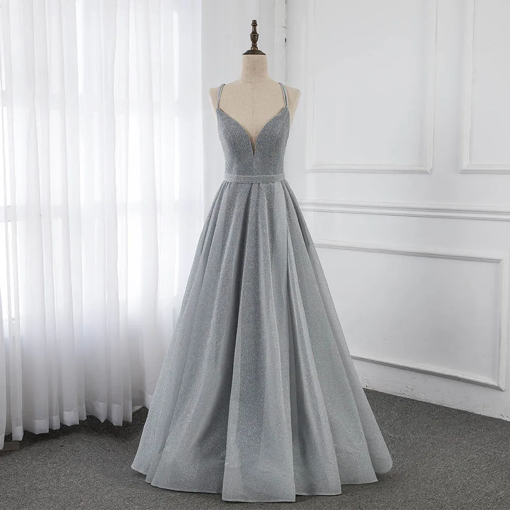 

Elegant Gray Long Prom Dresses Sexy Straps Formal Evening Gown Back Lace-up