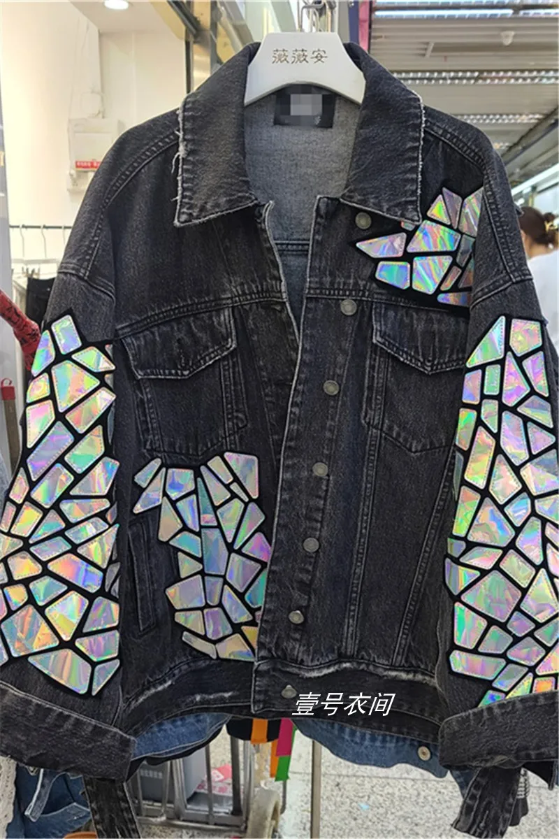 

Streetwear Black Denim Jacket Female 2021 Spring New Fashion All-Match Plaid Sequin Stitching Loose Jeans Jacket Women Coat Tops