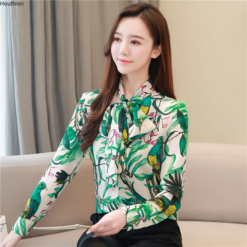 

Women Blouse New Silk Print Long-sleeved Women's Top V-neck Bow Fashion Comfortable Casual Plus Size Polo Shirt Lady Blusas