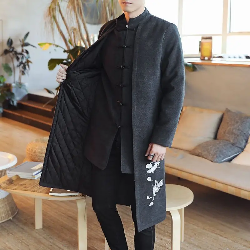 Мужской длинный шерстяной Тренч с вышивкой Зимняя Толстая хлопковая куртка