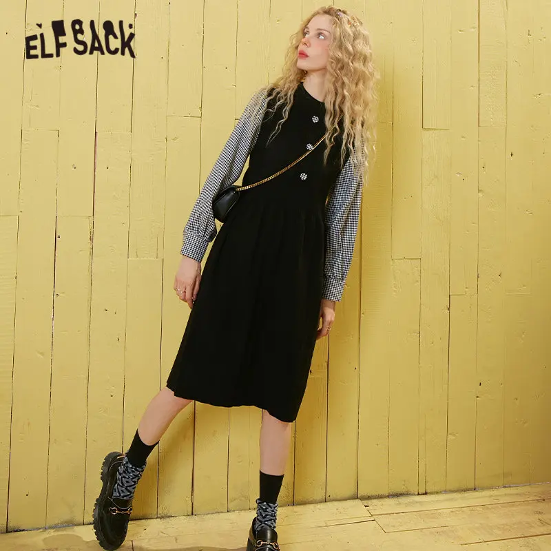 ELFSACK Black Plaid Patchwork Single Button Dress Women 2020 Spring Apricot Korean Long Sleeve Fake Two Pieces Girly Dresses | Женская