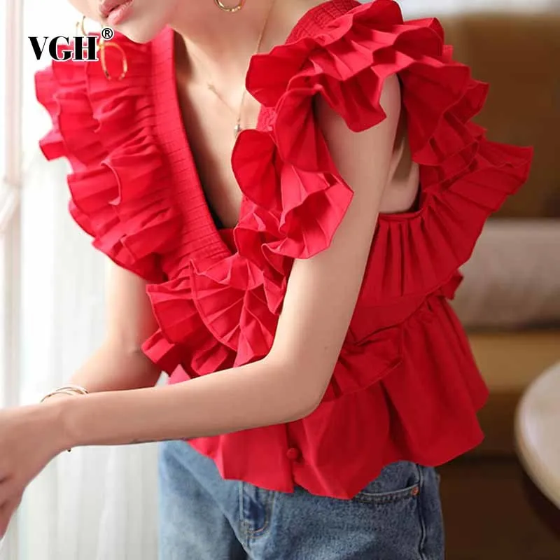 

VGH Elegant Patchwork Ruffle Shirt For Women V Neck Short Sleeve Ruched Slim Red Casual Blouses Female Summer Fashion 2021 Style