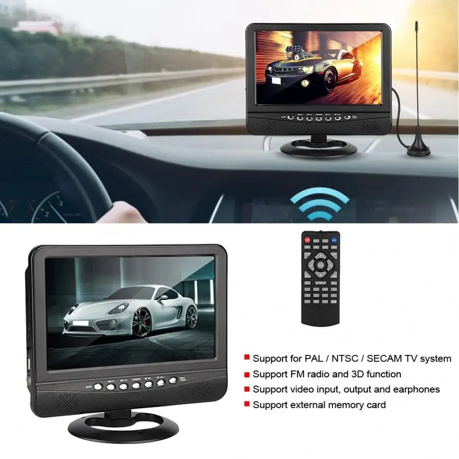 9,5 дюймов 9-12 в автомобильный широкоугольный портативный мобильный аналоговый ТВ DVD телевизионный плеер США 100-240 В для PAL/NTSC/SECAM tv