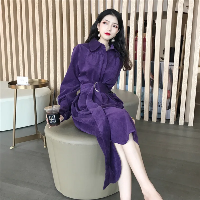 

Vintage Corduroy Long Sleeve Dress Women Autumn Solid Buttons Turn-down Collar All-match Vestidos 2020 Elegant Sashes long Dress