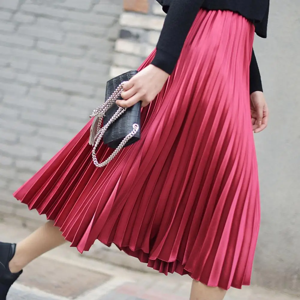 

HOT SALES!!! Vintage Metallic Color Women High Waist Elastic Band Maxi Long Pleated Skirt