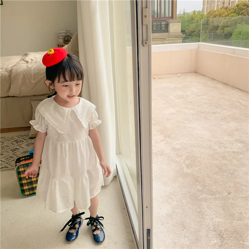 

2021New Summer Girl's Sweet Dress Turn-down Collar White Dresses Princess Cute Clothes for Kids Children Toddler Girls Age 2-6