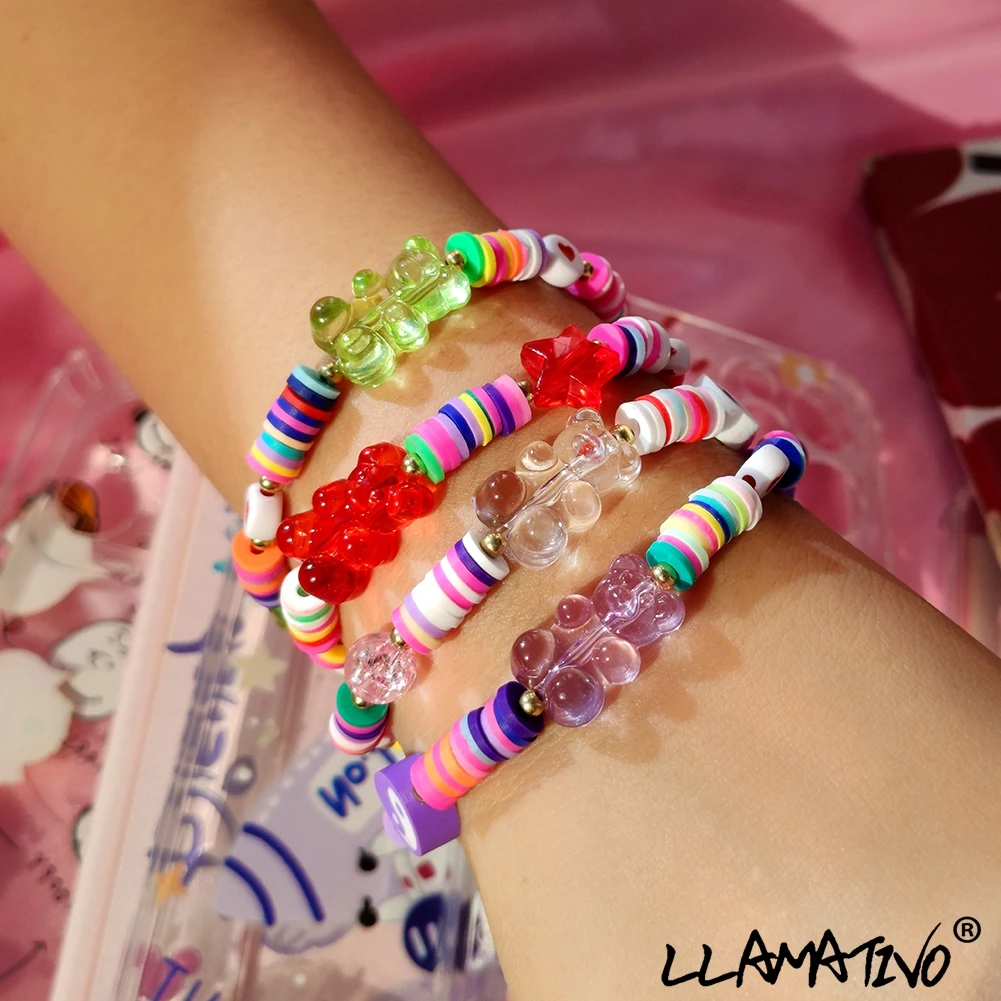 

Trendy Kpop Transparent Gummy Bear Crystal Beads Bracelet For Women Handmade Rainbow Soft Clay Star Beaded Bracelets New Jewelry