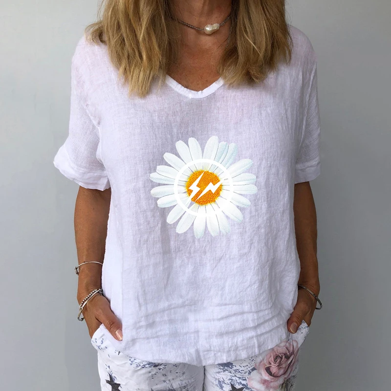 Рубашка женская льняная с цветочным принтом Элегантная блузка V-образным вырезом