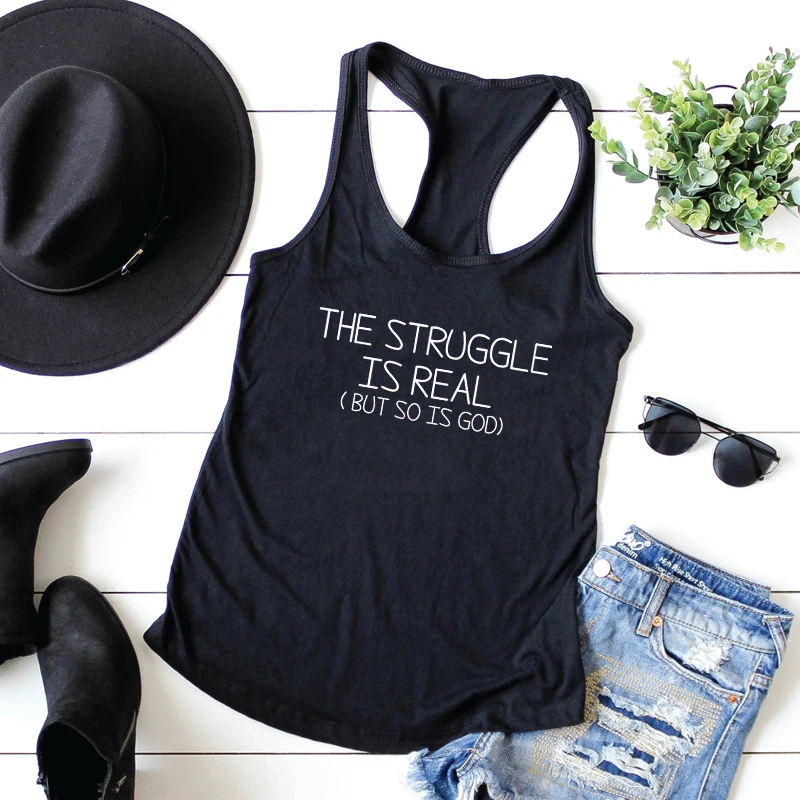 

Women's Racerback Workout Shirt Vest The Struggle Is Real But So Is God Tank Top Casual Sleeveless Christian Bible Quote Tanks